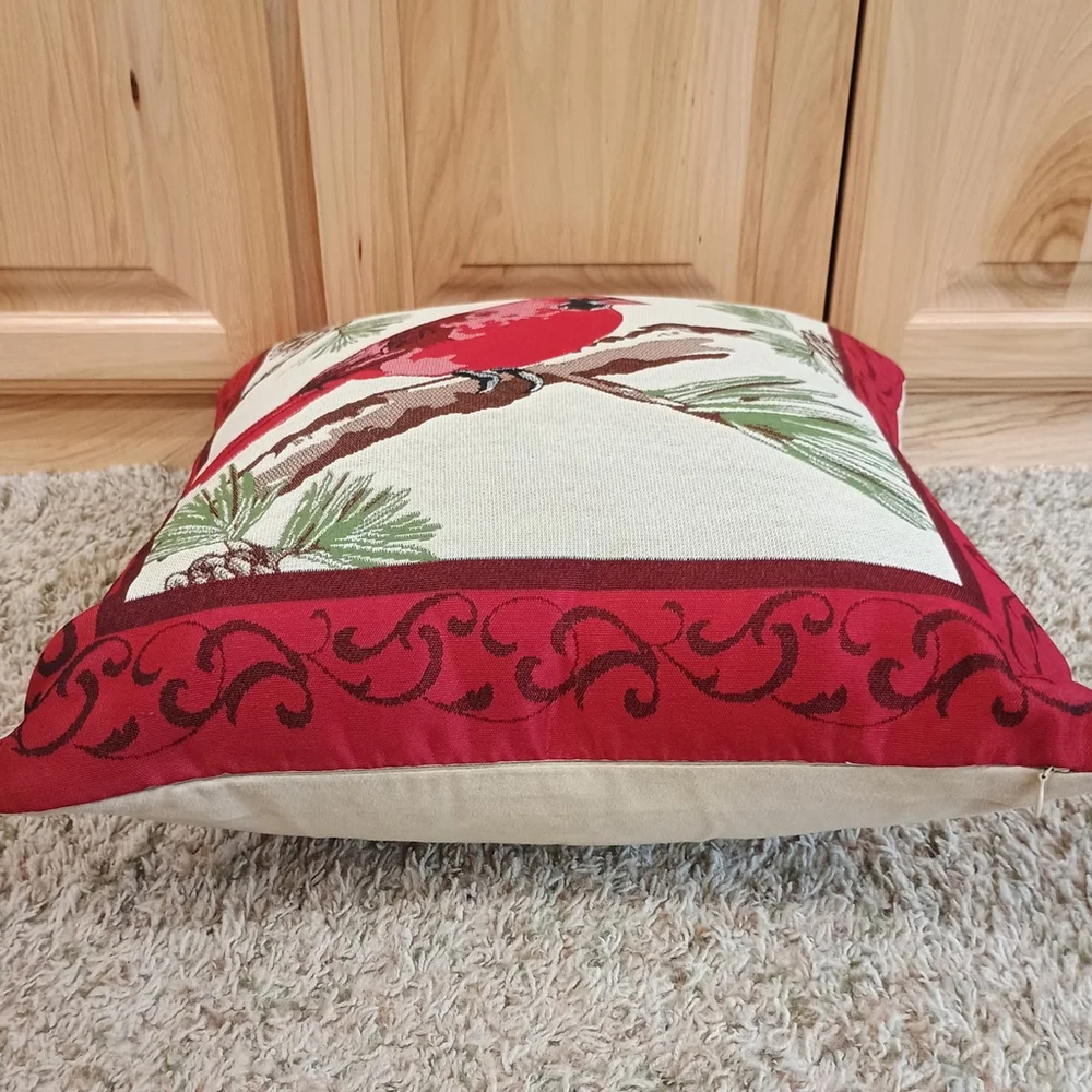Vintage Cardinal Bird On Pine Branch Tapestry Throw Pillow Red Tan 18x18